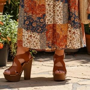 Chunky wooden platform clog like heels open toe ankle straps Brown tones Size 7